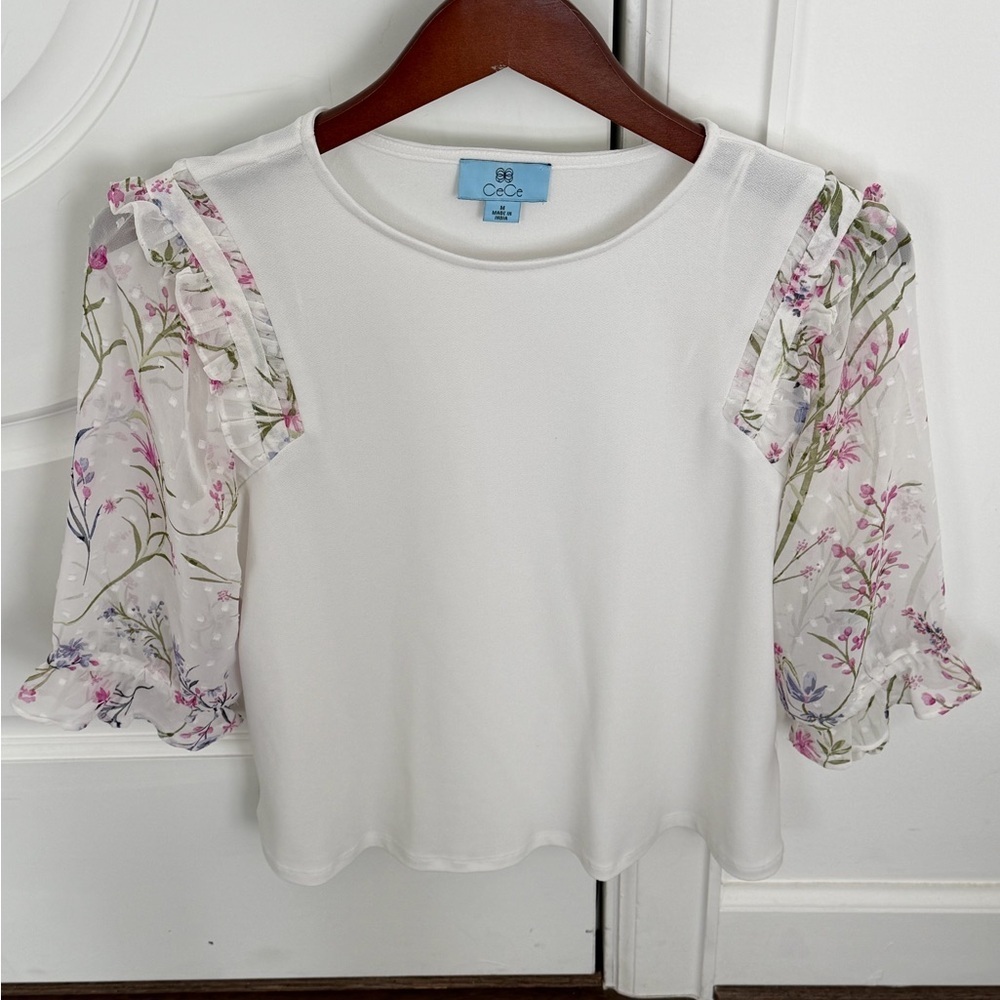 CeCe White Top with Floral Sheer Puff Sleeves